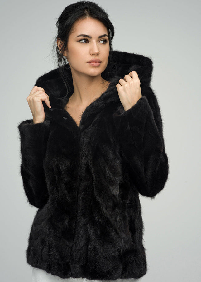 Black Genuine Hooded Mink Fur Coat-2