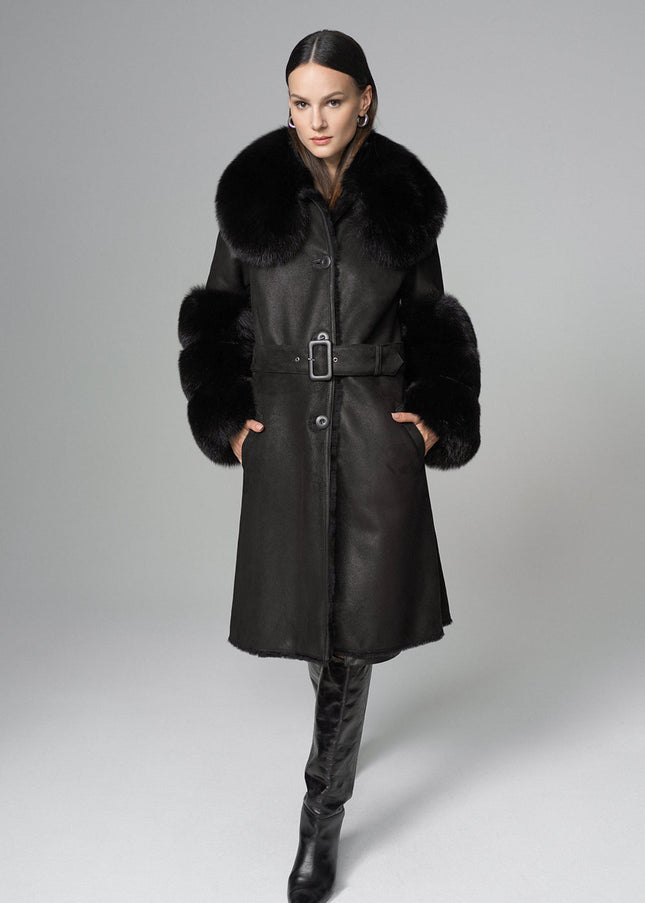 Black Genuine Maxi Lambskin Overcoat with Arctic Black Fox Fur Collar and Cuffs-0