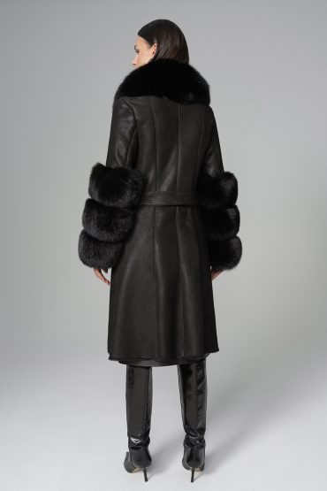 Black Genuine Maxi Lambskin Overcoat with Arctic Black Fox Fur Collar and Cuffs-1