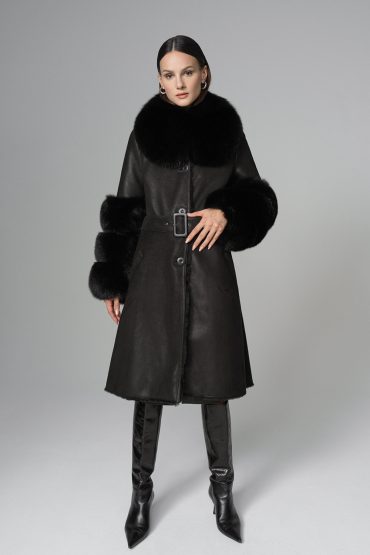 Black Genuine Maxi Lambskin Overcoat with Arctic Black Fox Fur Collar and Cuffs-2