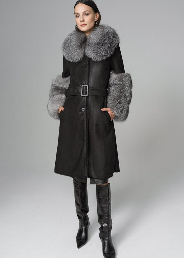 Black Genuine Maxi Lambskin Overcoat with Arctic Silver Fox Fur Collar and Cuffs-0