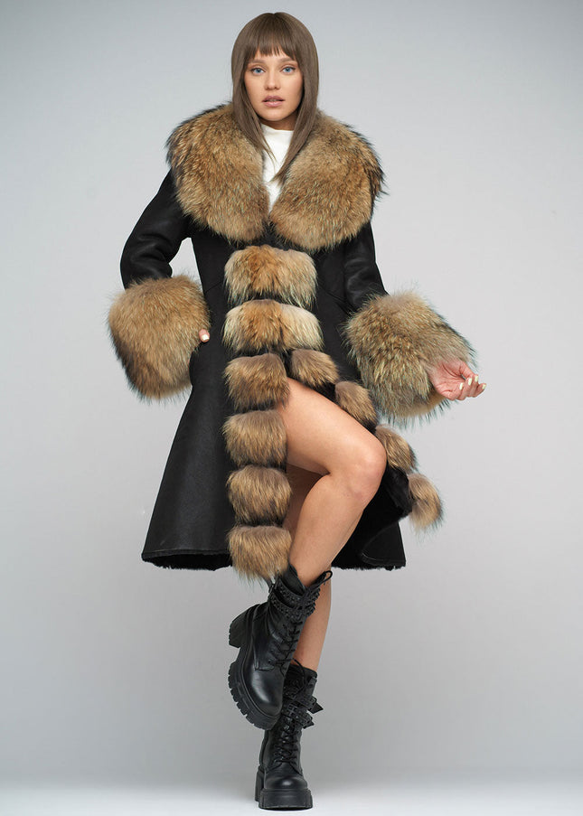 Black Genuine Maxi Sheepskin Overcoat with Arctic Raccoon Fur Detailing-0