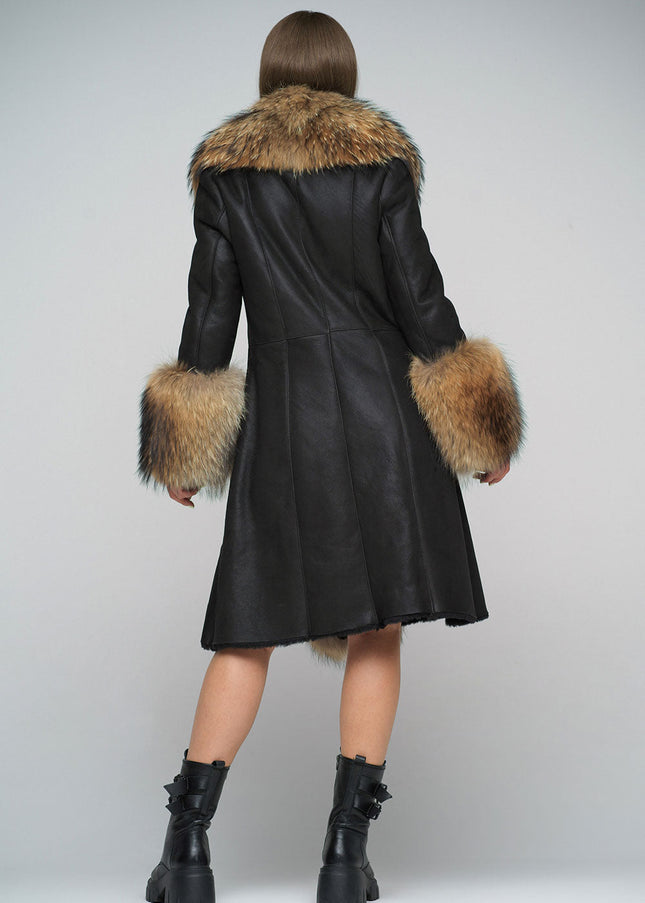 Black Genuine Maxi Sheepskin Overcoat with Arctic Raccoon Fur Detailing-1