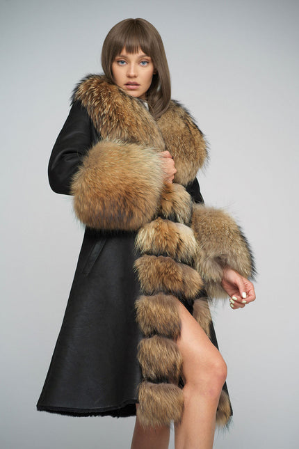 Black Genuine Maxi Sheepskin Overcoat with Arctic Raccoon Fur Detailing-2