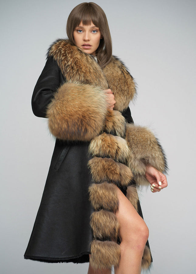 Black Genuine Maxi Sheepskin Overcoat with Arctic Raccoon Fur Detailing-2