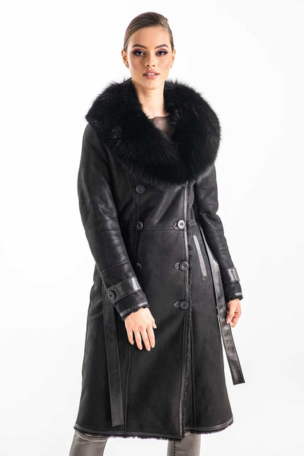 Black Genuine Merino Shearling Coat with Arctic Fox Fur Collar-0