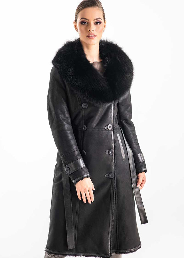 Black Genuine Merino Shearling Coat with Arctic Fox Fur Collar-0