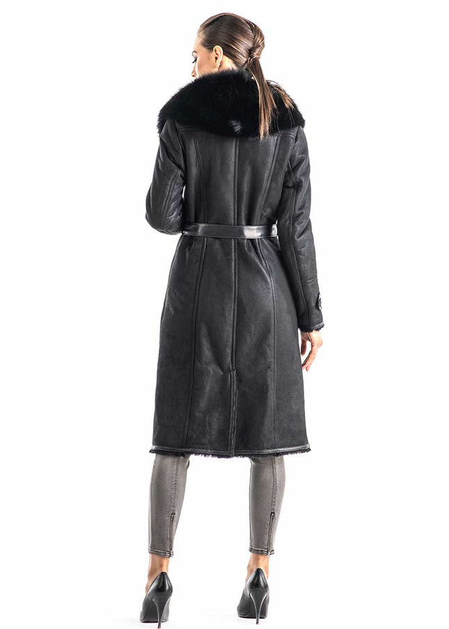 Black Genuine Merino Shearling Coat with Arctic Fox Fur Collar-1