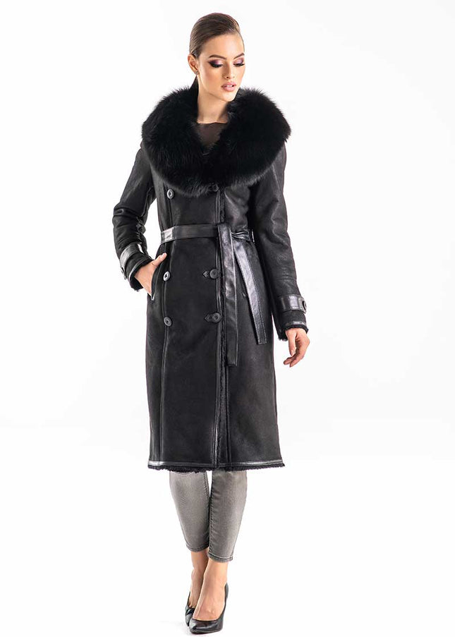 Black Genuine Merino Shearling Coat with Arctic Fox Fur Collar-2