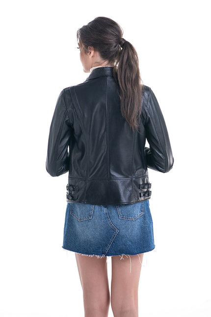 Black Genuine Sheepskin Jacket with Diagonal Zipper-1