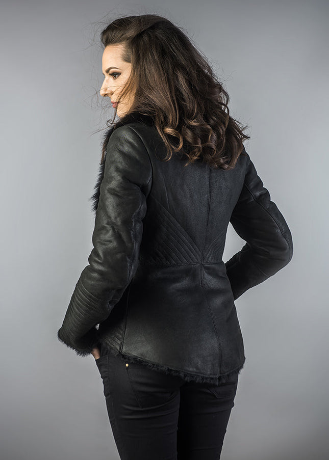 Black Lamb Nappa Leather Jacket with Merino Fur Collar-2