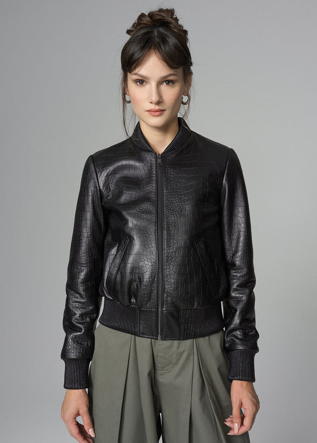 Black Leather Jacket with Crocodile Skin Print-0