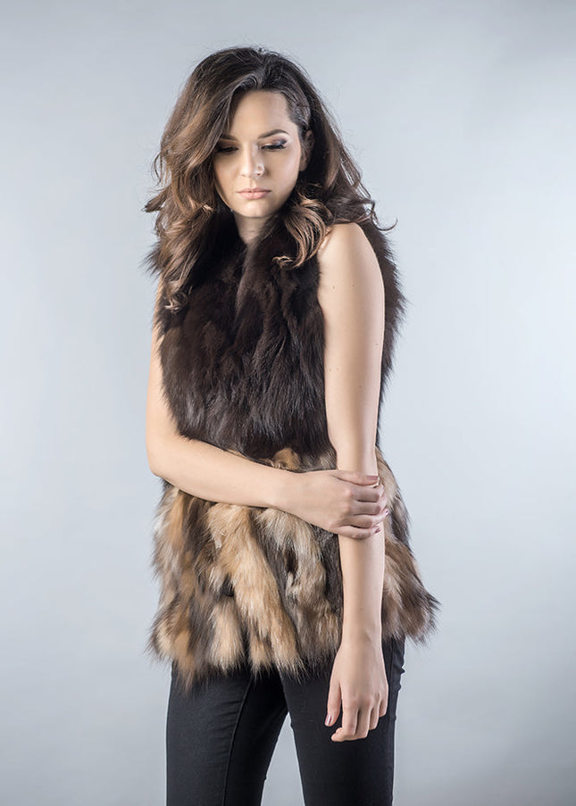 Black Light Brown Genuine Fox Fur Vest-0