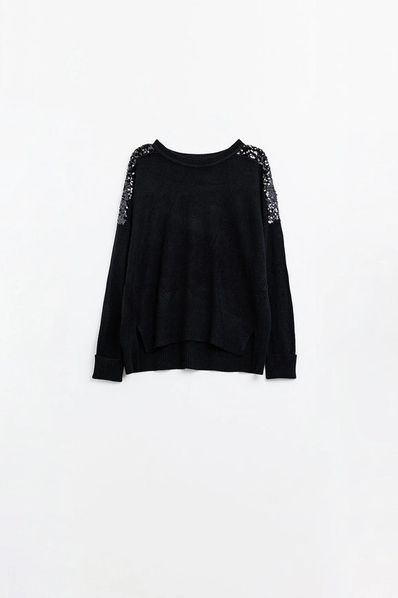 Black Long Sleeves Sweater with Sequins On the Shoulders