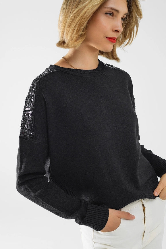 Black Long Sleeves Sweater with Sequins On the Shoulders