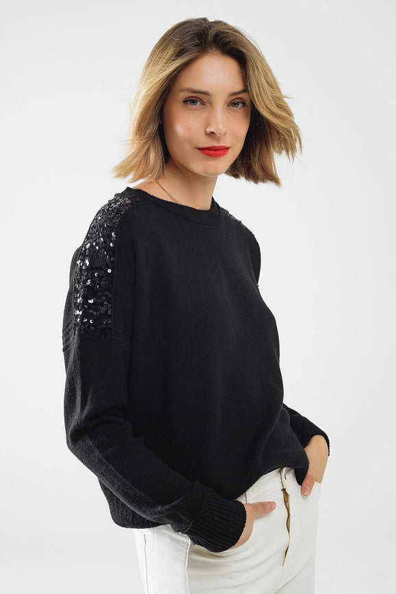 Black Long Sleeves Sweater with Sequins On the Shoulders