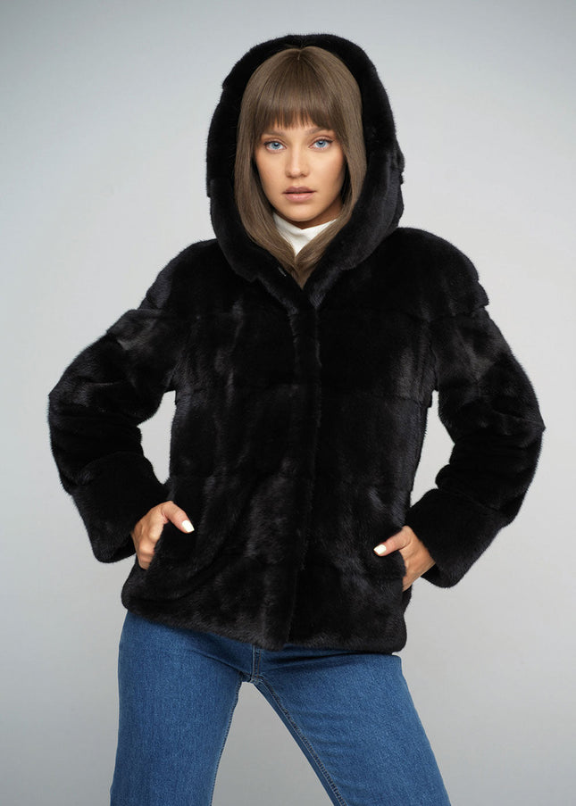 Black Luxury Genuine Mink Fur Hooded Jacket-0