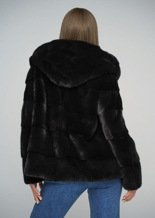 Black Luxury Genuine Mink Fur Hooded Jacket-1