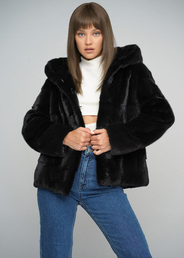 Black Luxury Genuine Mink Fur Hooded Jacket-2