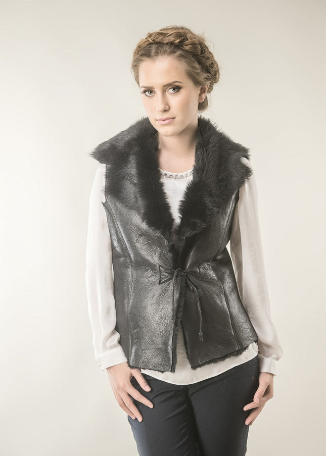 Black Merino Fur Nappa Lamb Leather Vest-0