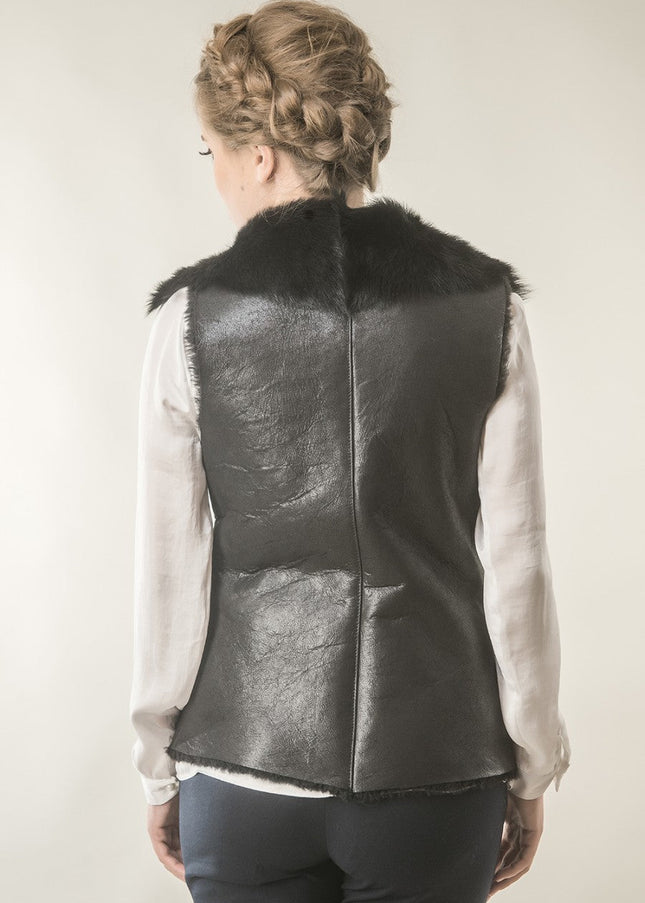 Black Merino Fur Nappa Lamb Leather Vest-1