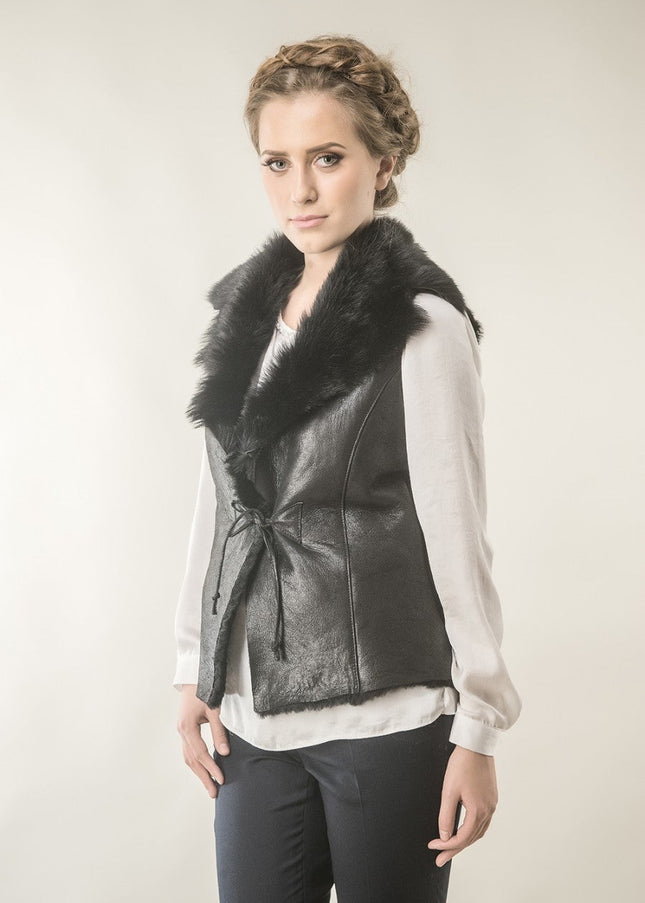 Black Merino Fur Nappa Lamb Leather Vest-2