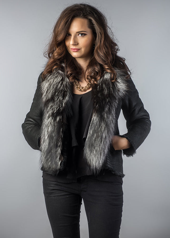 Black Merino Shearling Jacket with Arctic Fox Fur Collar-0