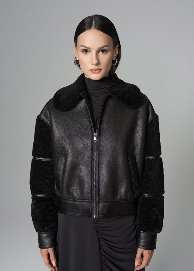 Black Oversized Shearling Leather Jacket-1