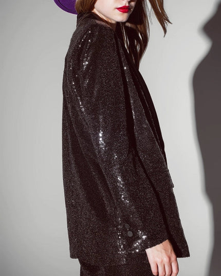 Black Sequin Tuxedo Blazer with Satin Lapels