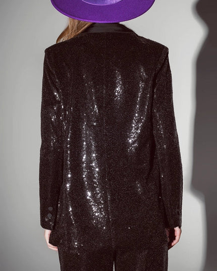 Black Sequin Tuxedo Blazer with Satin Lapels