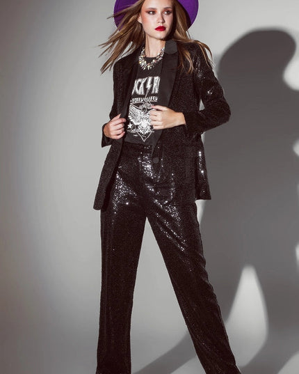 Black Sequin Tuxedo Blazer with Satin Lapels