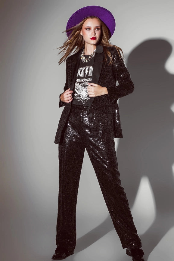 Black Sequin Tuxedo Blazer with Satin Lapels