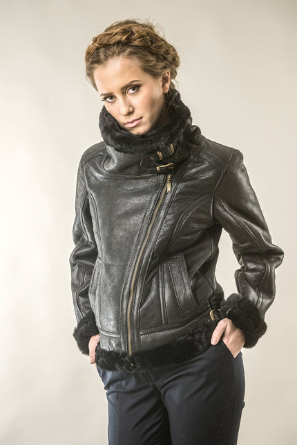 Black Shearling Leather Biker Jacket with Merino Fur-1