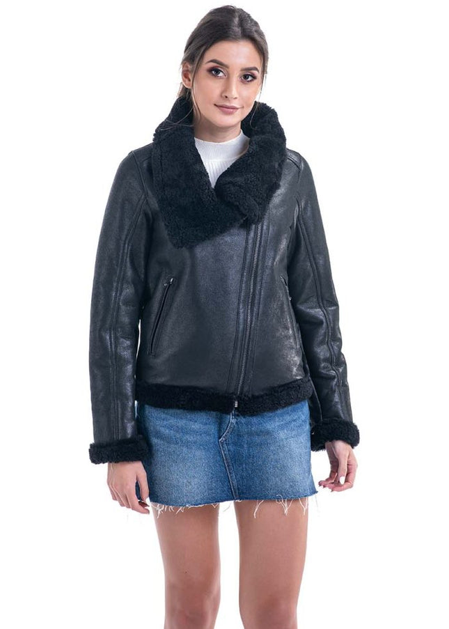 Black Shearling Leather Jacket with Merino Fur Detailing-0