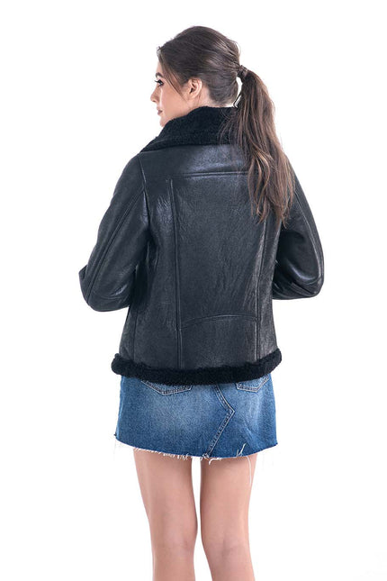 Black Shearling Leather Jacket with Merino Fur Detailing-1