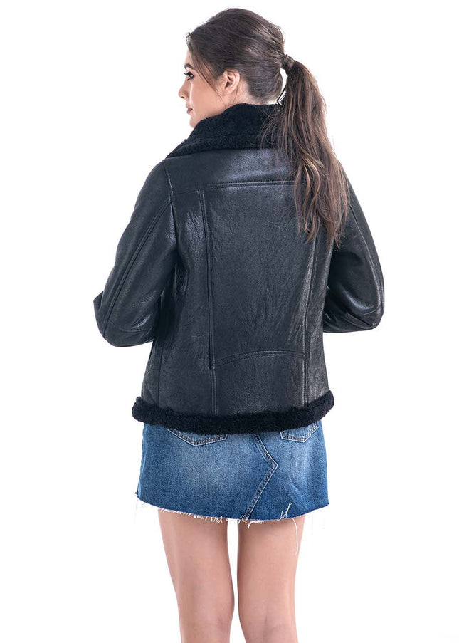 Black Shearling Leather Jacket with Merino Fur Detailing-1