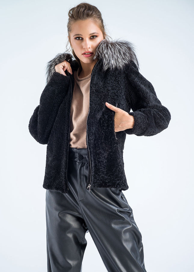 Black Sheepskin Hooded Jacket with Arctic Fox Fur Detailing-0