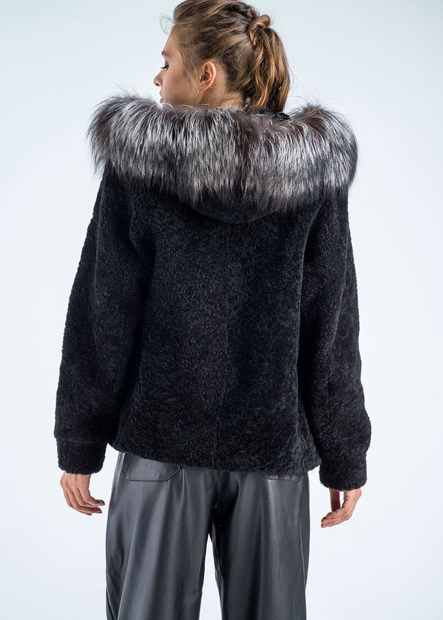 Black Sheepskin Hooded Jacket with Arctic Fox Fur Detailing-1