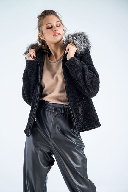 Black Sheepskin Hooded Jacket with Arctic Fox Fur Detailing-2