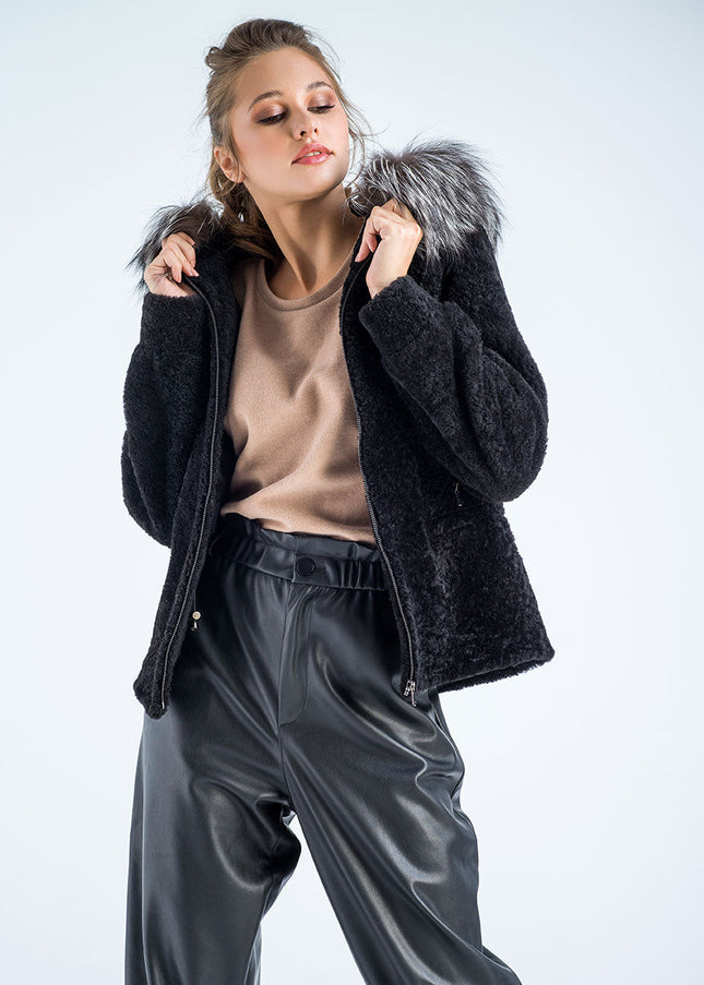 Black Sheepskin Hooded Jacket with Arctic Fox Fur Detailing-2