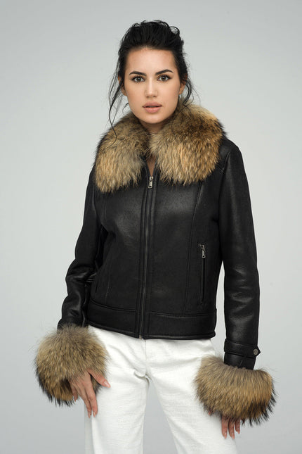 Black Sheepskin Jacket with Raccoon Fur Collar and Cuffs-0