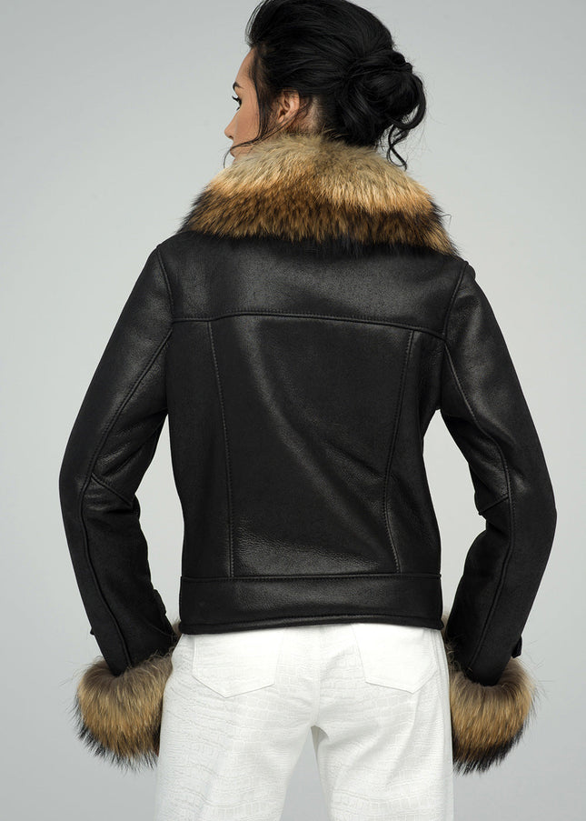 Black Sheepskin Jacket with Raccoon Fur Collar and Cuffs-2