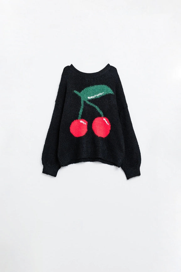 Black Sweater with Cherry Print