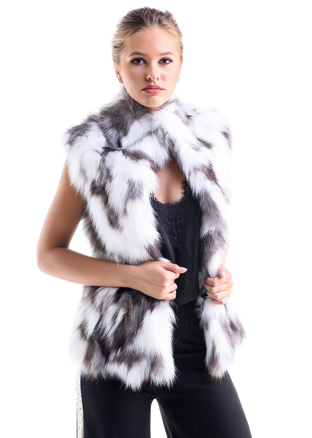 Black White Genuine Arctic Polar Fox Fur Vest-0