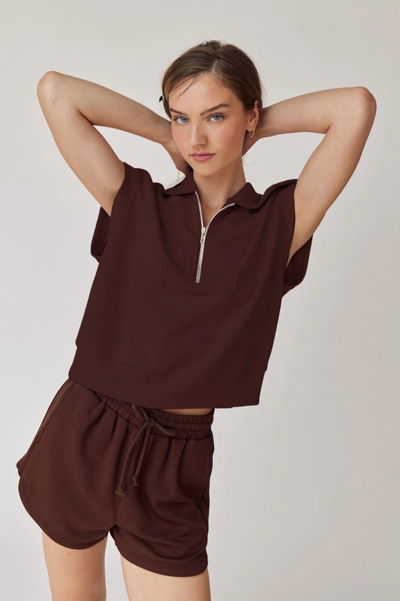 Blake Half Zip Cropped Sweatshirt and Shorts Set Choco-Set-Papermoon-Urbanheer