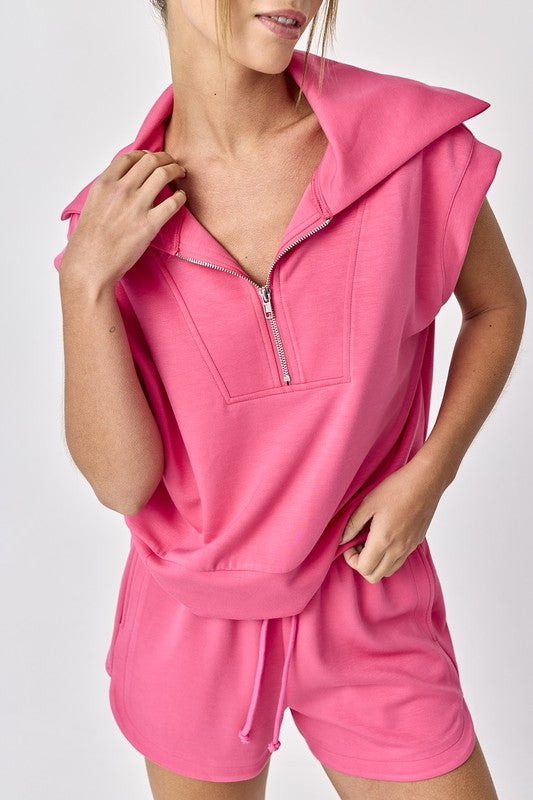 Blake Half Zip Cropped Sweatshirt and Shorts Set Hot Pink-Set-Papermoon-Urbanheer