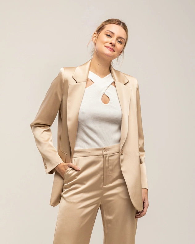 Blazer-Style Satin Jacket With Shoulder Straps And Buttons Beige