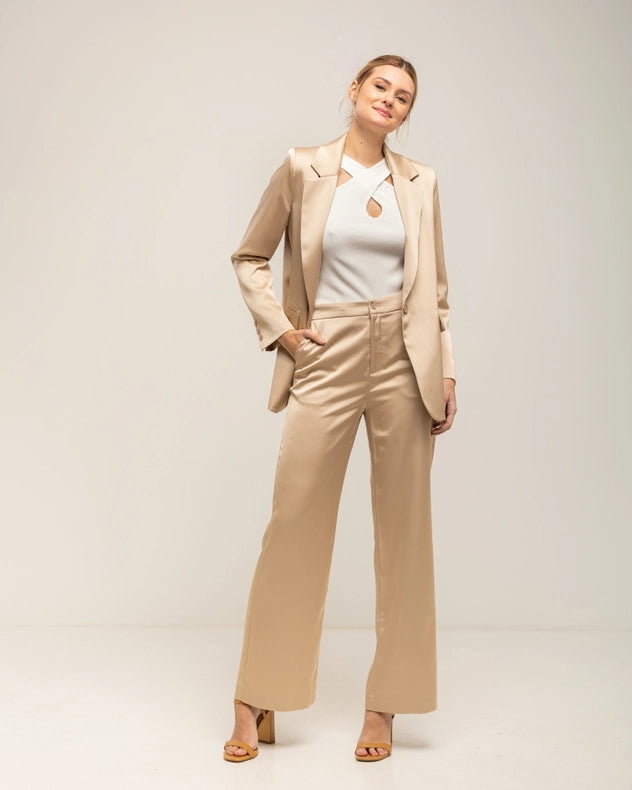 Blazer-Style Satin Jacket With Shoulder Straps And Buttons Beige