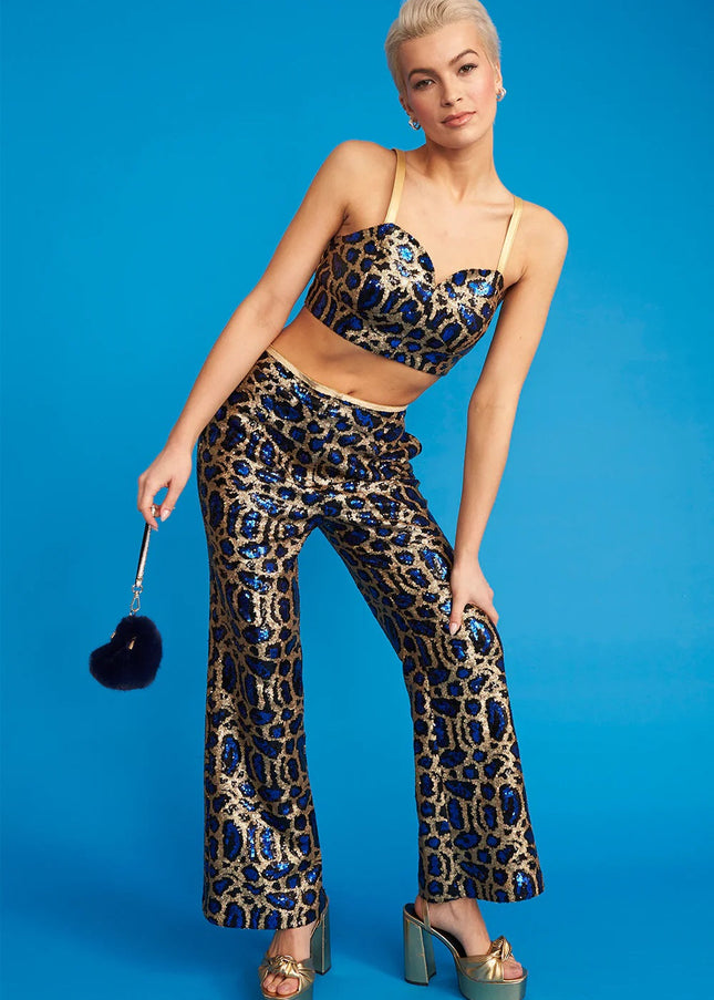 Blue Bamboo Animal Print Sequin Trousers-2