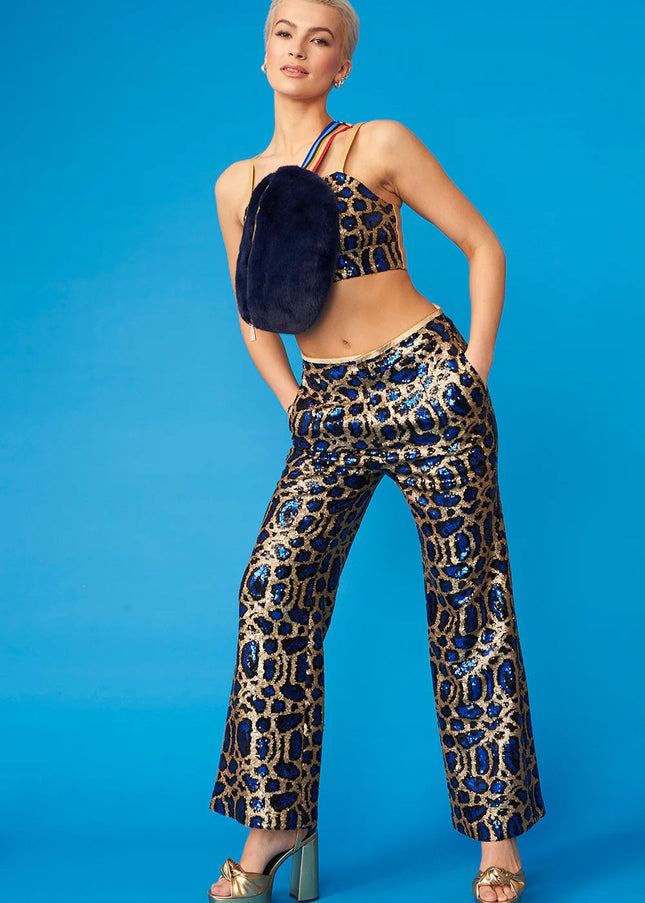 Blue Bamboo Animal Print Sequin Trousers-3